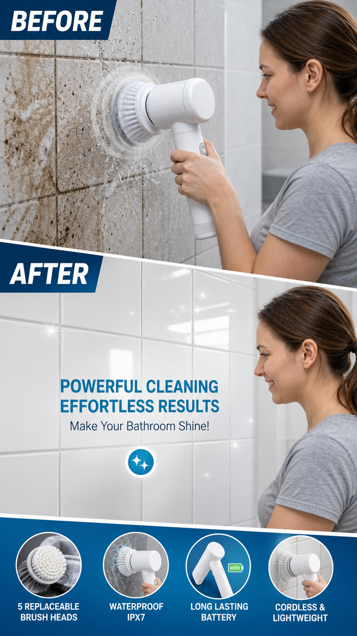 Electric Spin Scrubber — 5-in-1 Cordless Power Cleaner (300 RPM, IPX7 Waterproof)