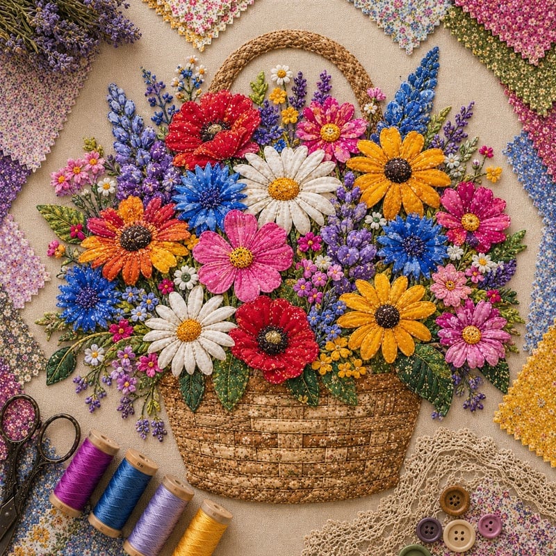 🔥HOT SALE 69% OFF - 🌸Floral Basket Patchwork DIY Kit | 3D Layered Fabric Flower Art Craft for Home Decor & Gifts