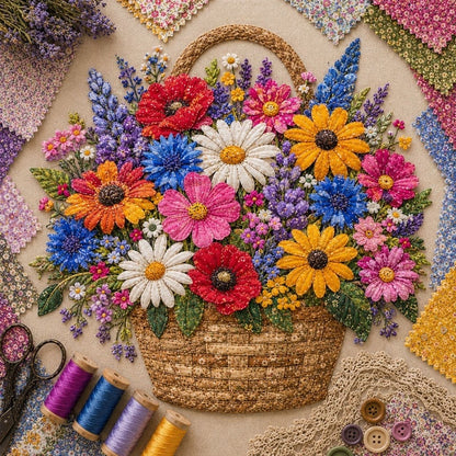 🔥HOT SALE 69% OFF - 🌸Floral Basket Patchwork DIY Kit | 3D Layered Fabric Flower Art Craft for Home Decor & Gifts