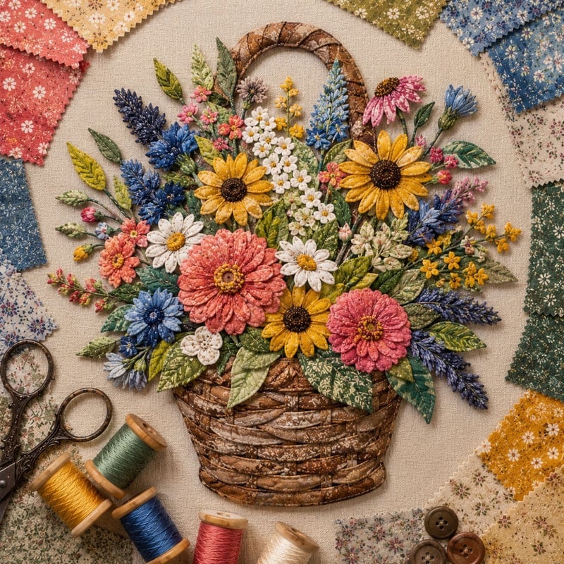 🔥HOT SALE 69% OFF - 🌸Floral Basket Patchwork DIY Kit | 3D Layered Fabric Flower Art Craft for Home Decor & Gifts