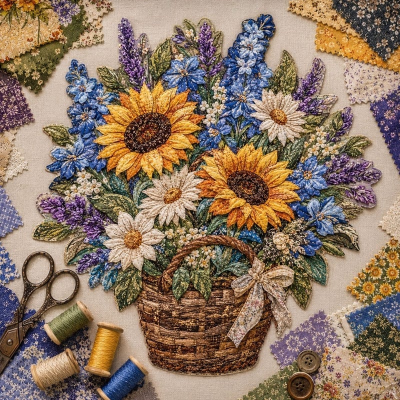 🔥HOT SALE 69% OFF - 🌸Floral Basket Patchwork DIY Kit | 3D Layered Fabric Flower Art Craft for Home Decor & Gifts