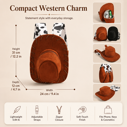 🔥Last Day 50% OFF - 🐎🤠 Western Cowboy Hat Shaped Backpack Cow Print Straps Mini Leather Purse 🎒