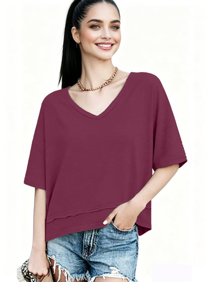 Women's Summer V Neck T Shirts | Casual Short Sleeve Flowy Tops | Cute Loose Fit Basic Tees | Premium Blend Fabric | Flattering V-Neckline