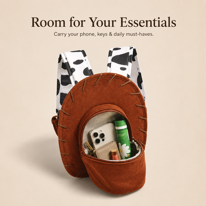 🔥Last Day 50% OFF - 🐎🤠 Western Cowboy Hat Shaped Backpack Cow Print Straps Mini Leather Purse 🎒