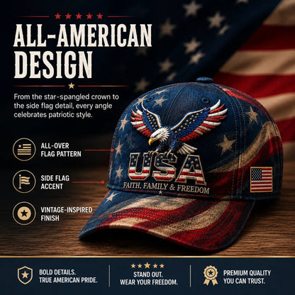 🦅 USA Faith, Family & Freedom Embroidered Vintage Cap | Patriotic Eagle Baseball Hat for Everyday American Pride