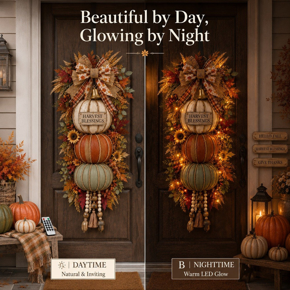 🎁 Last Day 50% OFF✨-🎄Lighted Stacked Pumpkin Fall Door Decorfor Cozy Autumn Home Entryway Charm 🍂