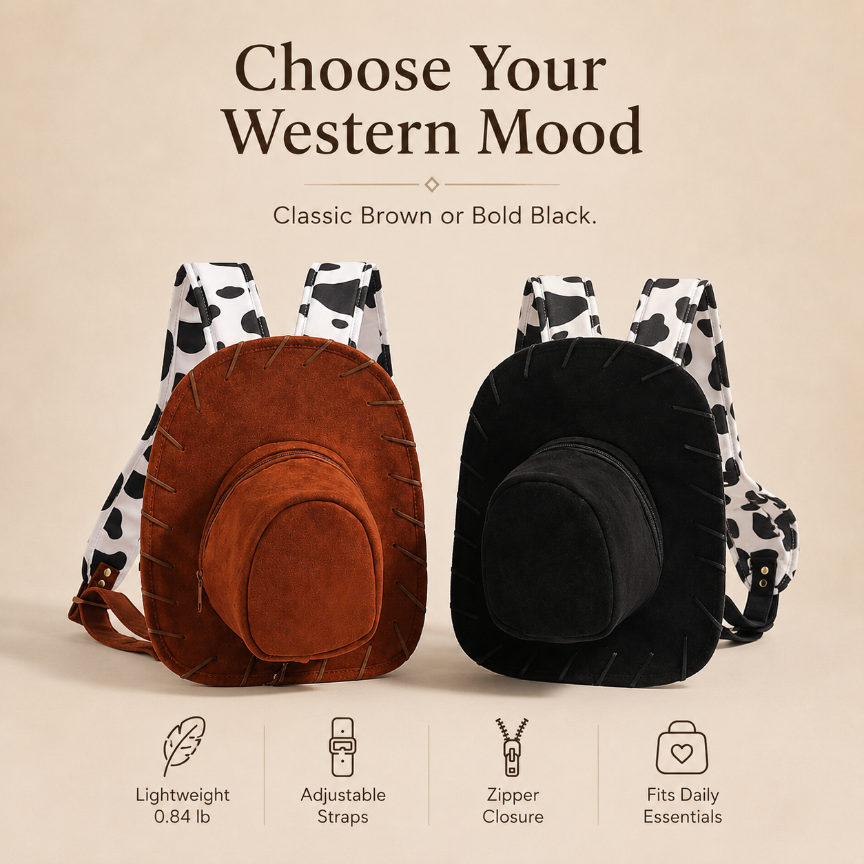 🔥Last Day 50% OFF - 🐎🤠 Western Cowboy Hat Shaped Backpack Cow Print Straps Mini Leather Purse 🎒