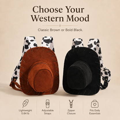 🔥Last Day 50% OFF - 🐎🤠 Western Cowboy Hat Shaped Backpack Cow Print Straps Mini Leather Purse 🎒