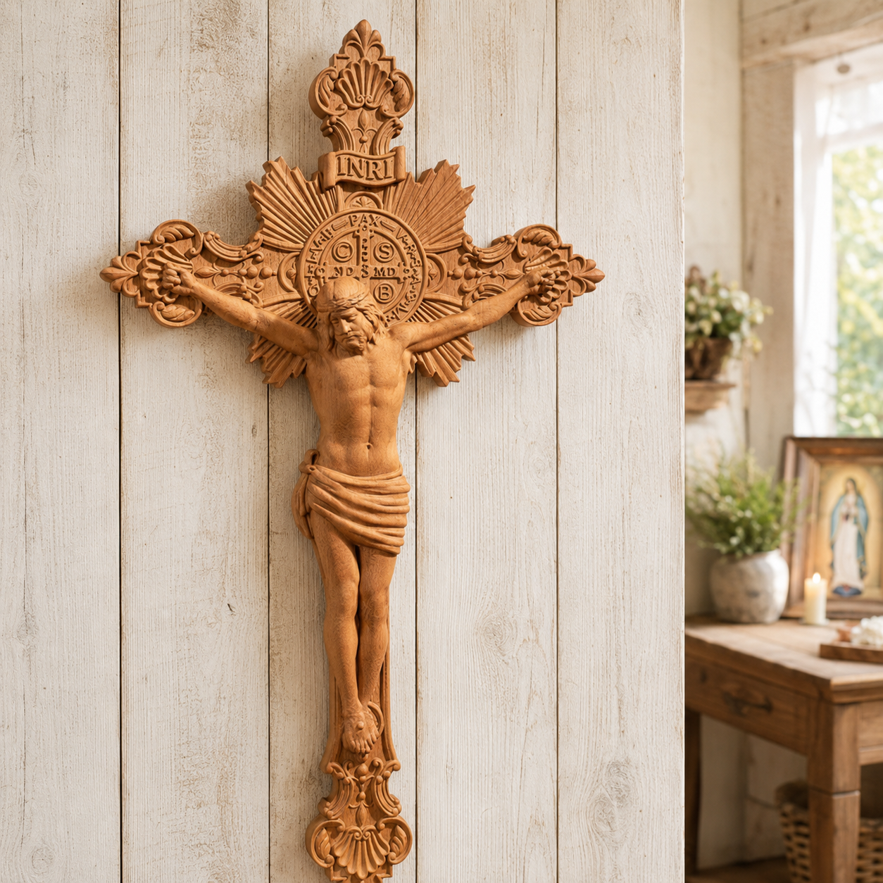 St. Benedict Exorcism Cross wood carved - Bless you and your family