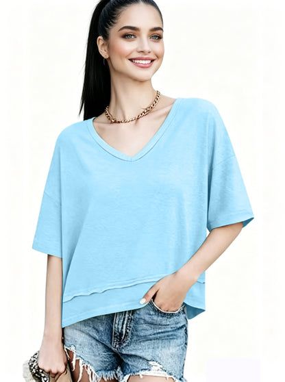 Women's Summer V Neck T Shirts | Casual Short Sleeve Flowy Tops | Cute Loose Fit Basic Tees | Premium Blend Fabric | Flattering V-Neckline