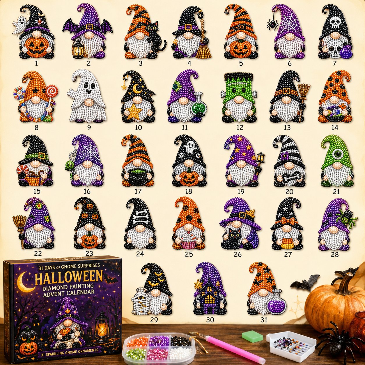 🔥LAST DAY 60% OFF - 🎃✨ 31 Days of Gnome Surprises Halloween Diamond Painting Advent Calendar