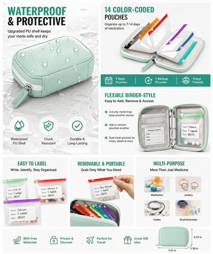 🏆Flash Sale⚡Waterproof Pill Organizer Pouch Set – 14 Removable, Color-Coded Bags, Easy to Label & Refill🔥