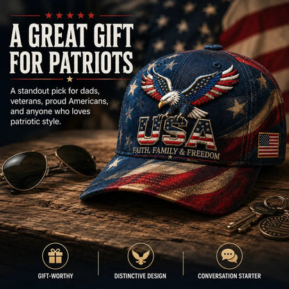🦅 USA Faith, Family & Freedom Embroidered Vintage Cap | Patriotic Eagle Baseball Hat for Everyday American Pride