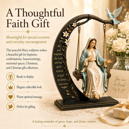 🙏Blessed Mary Cradle Swing Sculpture – Luke 1:46 Faith Table Decor | Holy Virgin Prayer Rocking Decor with Dove & Crescent Arch🕊️