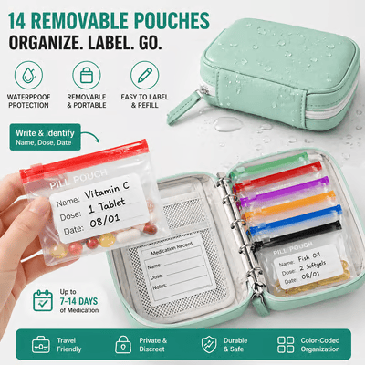 🏆Flash Sale⚡Waterproof Pill Organizer Pouch Set – 14 Removable, Color-Coded Bags, Easy to Label & Refill🔥