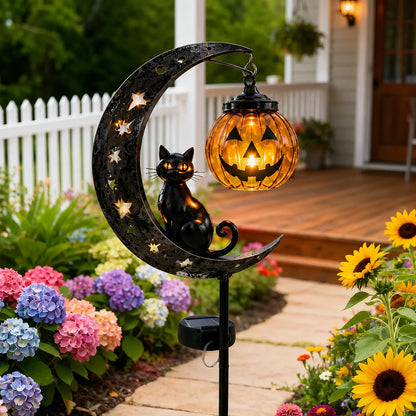 Solar Halloween Black Cat & Pumpkin Moon Garden Stake Light