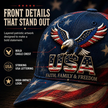 🦅 USA Faith, Family & Freedom Embroidered Vintage Cap | Patriotic Eagle Baseball Hat for Everyday American Pride