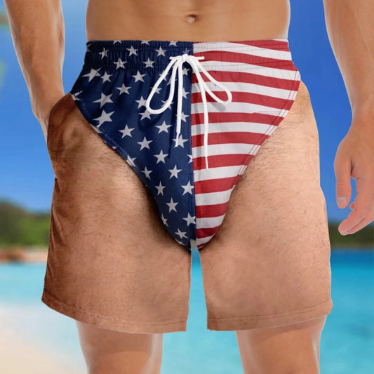 Custom Funny Patriotic Men Swim Trunks - Personalized Summer Vacation And Travel Gifts For Men - Freedom And Chill