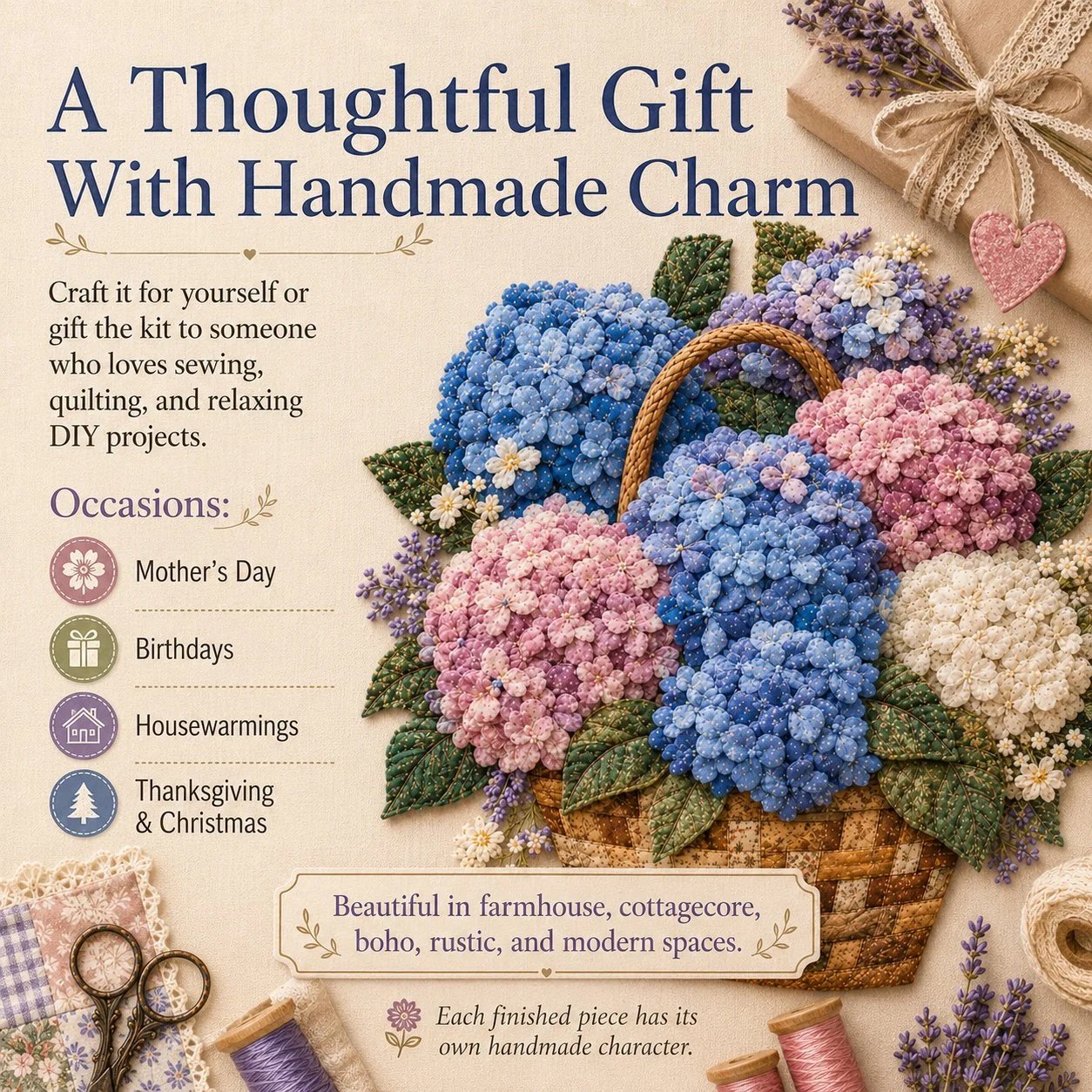 🔥HOT SALE 69% OFF - 🌸Floral Basket Patchwork DIY Kit | 3D Layered Fabric Flower Art Craft for Home Decor & Gifts