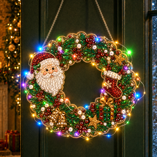 DIY Christmas Wreath with LED Lights - Pearl Diamond Painting Pendant Kit (Single-Sided)
