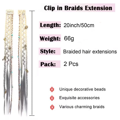 Boho Dreadlock Clip in Hair Extensions with Beads and Charms