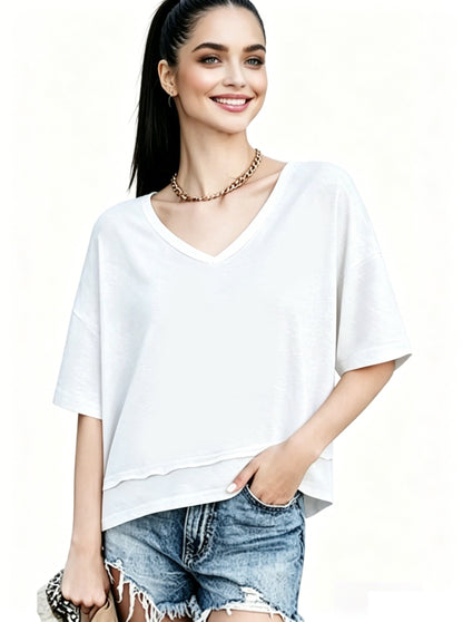 Women's Summer V Neck T Shirts | Casual Short Sleeve Flowy Tops | Cute Loose Fit Basic Tees | Premium Blend Fabric | Flattering V-Neckline