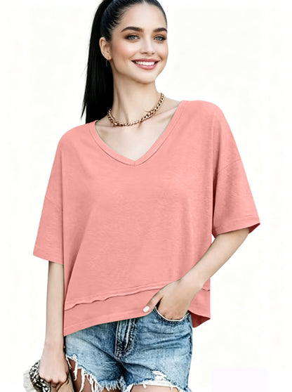 Women's Summer V Neck T Shirts | Casual Short Sleeve Flowy Tops | Cute Loose Fit Basic Tees | Premium Blend Fabric | Flattering V-Neckline