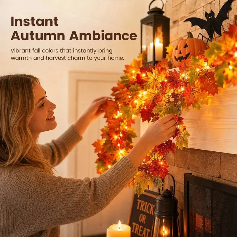 🔥Last Day 60% OFF🍁Lighted Autumn Maple Leaf Garland- Warm LED Fall Mantel, Window & Doorway Decor🍂