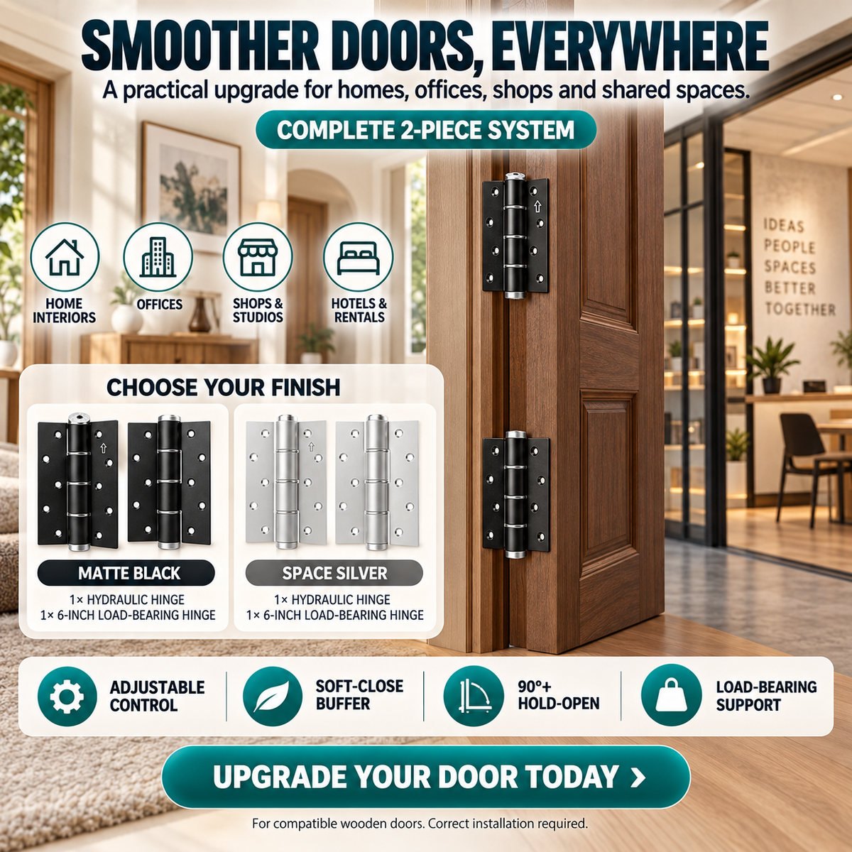 Hydraulic Self-Closing Door Hinge Set – Adjustable Soft Close & 90° Hold-Open