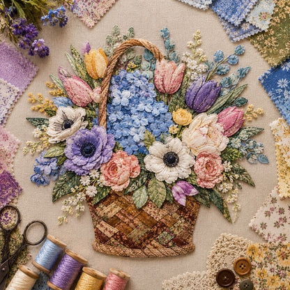 🔥HOT SALE 69% OFF - 🌸Floral Basket Patchwork DIY Kit | 3D Layered Fabric Flower Art Craft for Home Decor & Gifts
