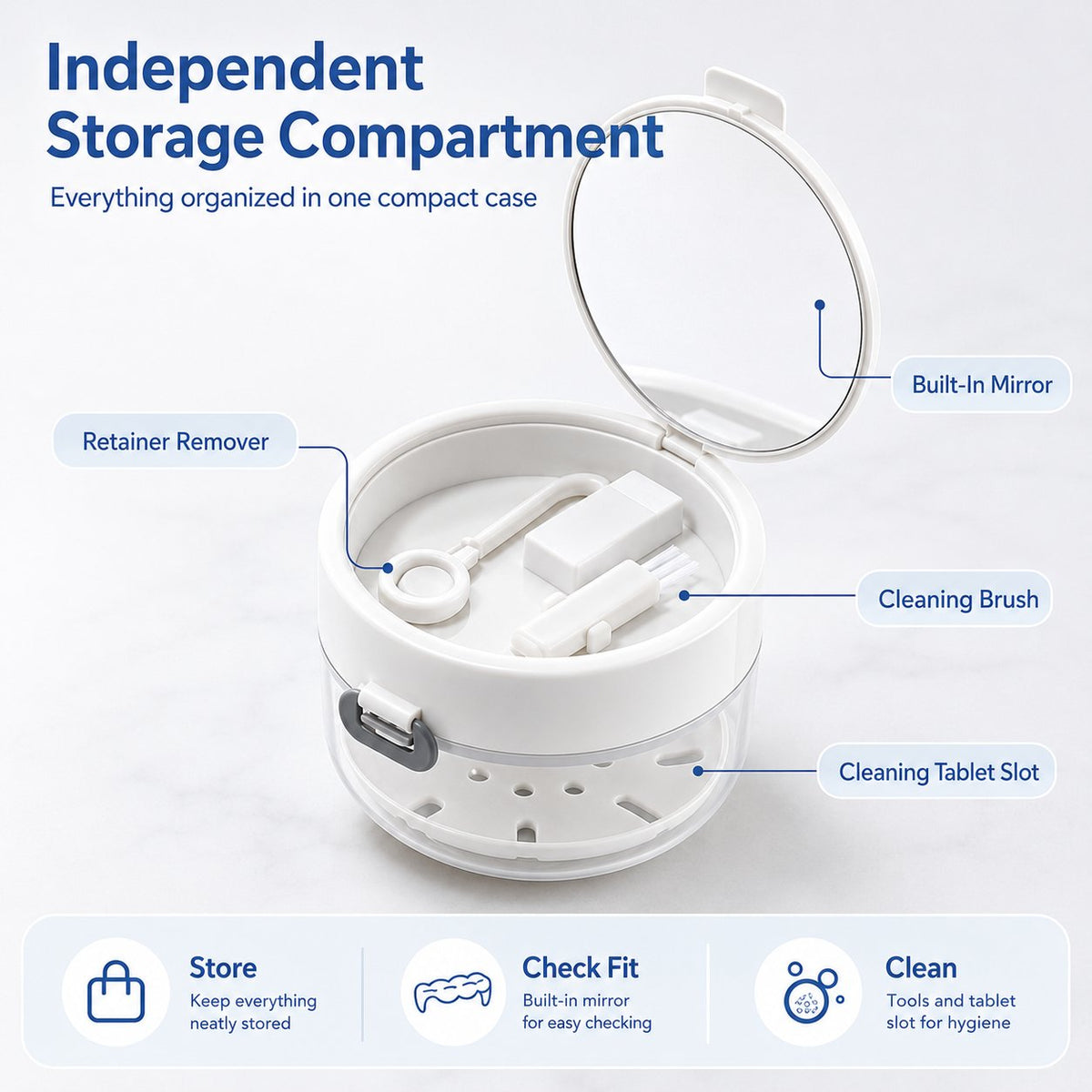 🦷✨3-in-1 Retainer Cleaning & Storage Case – Portable Leak-Resistant Soak Box with Drain Tray, Mirror & Cleaning Brush 🎁Buy 2 Free Shipping