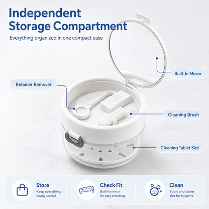 🦷✨3-in-1 Retainer Cleaning & Storage Case – Portable Leak-Resistant Soak Box with Drain Tray, Mirror & Cleaning Brush 🎁Buy 2 Free Shipping