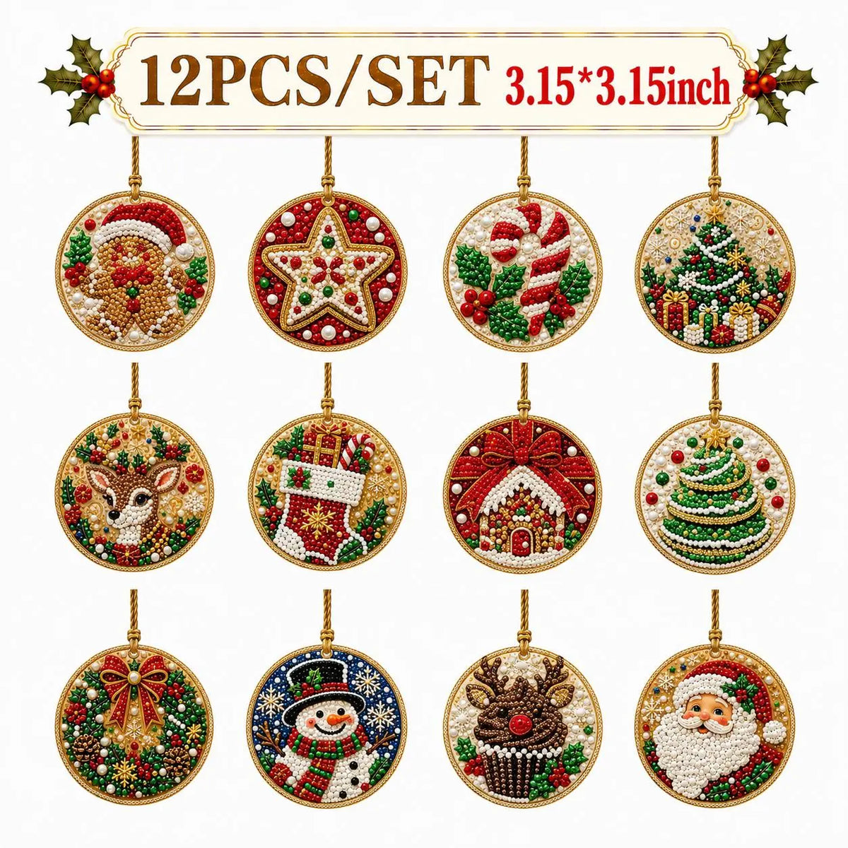 Christmas DIY Diamond Painting Ornaments Kit (12-Piece) – Xmas Tree Hanging Craft Decoration
