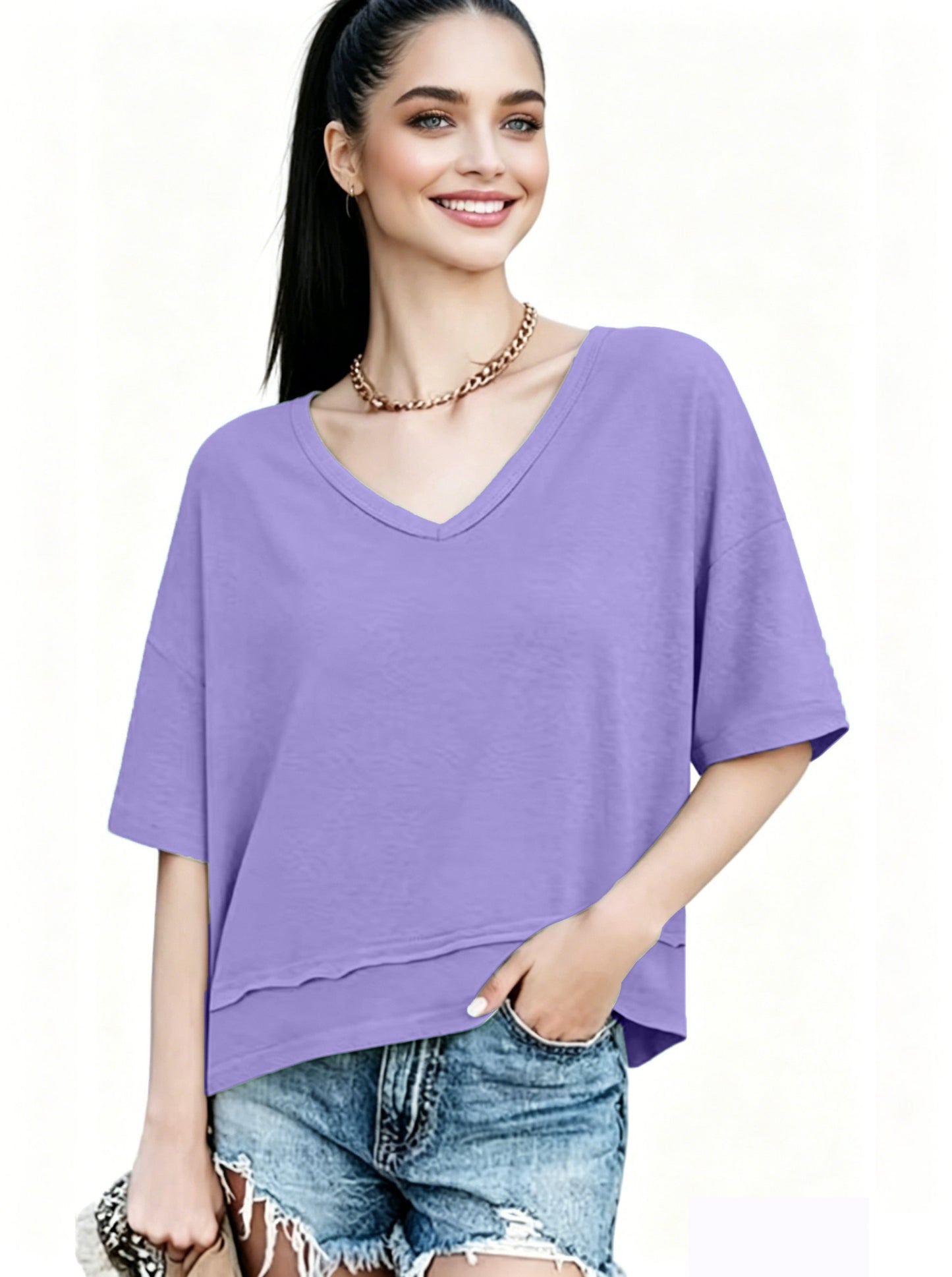 Women's Summer V Neck T Shirts | Casual Short Sleeve Flowy Tops | Cute Loose Fit Basic Tees | Premium Blend Fabric | Flattering V-Neckline