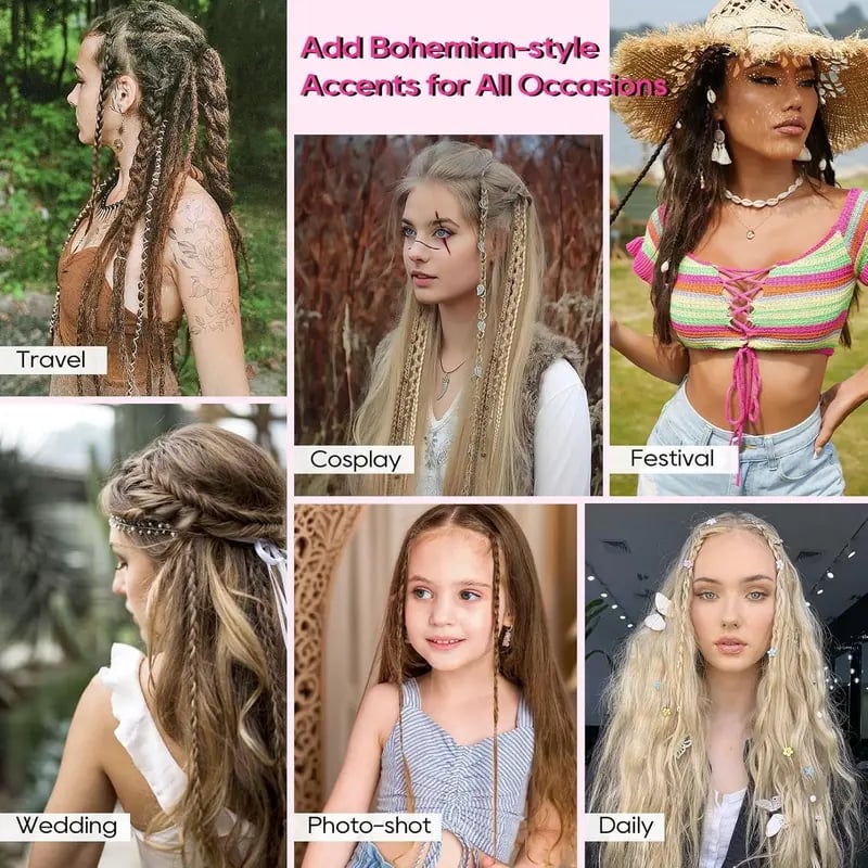 Boho Dreadlock Clip in Hair Extensions with Beads and Charms