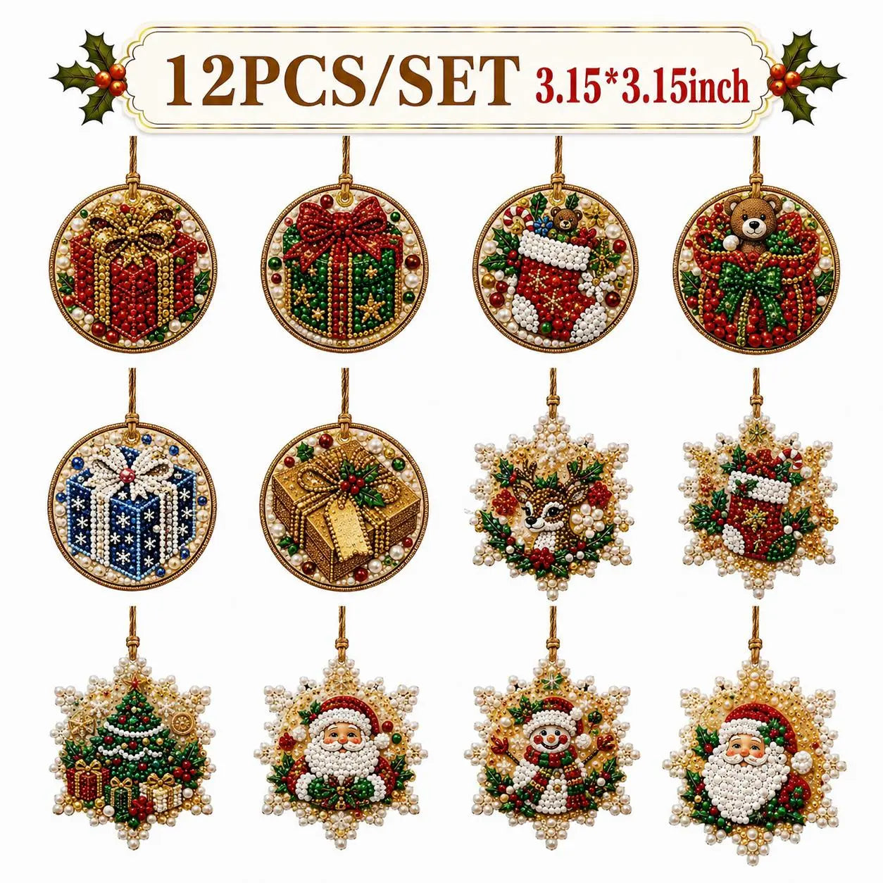 Christmas DIY Diamond Painting Ornaments Kit (12-Piece) – Xmas Tree Hanging Craft Decoration
