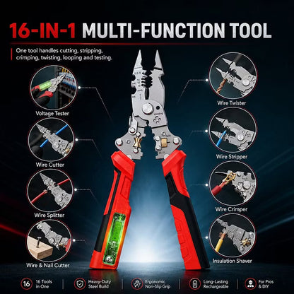 ⚡🛠️16-in-1 Multifunctional Electrical Pliers with Voltage Tester, Heavy Duty Wire Stripper for Electricians & DIY Projects