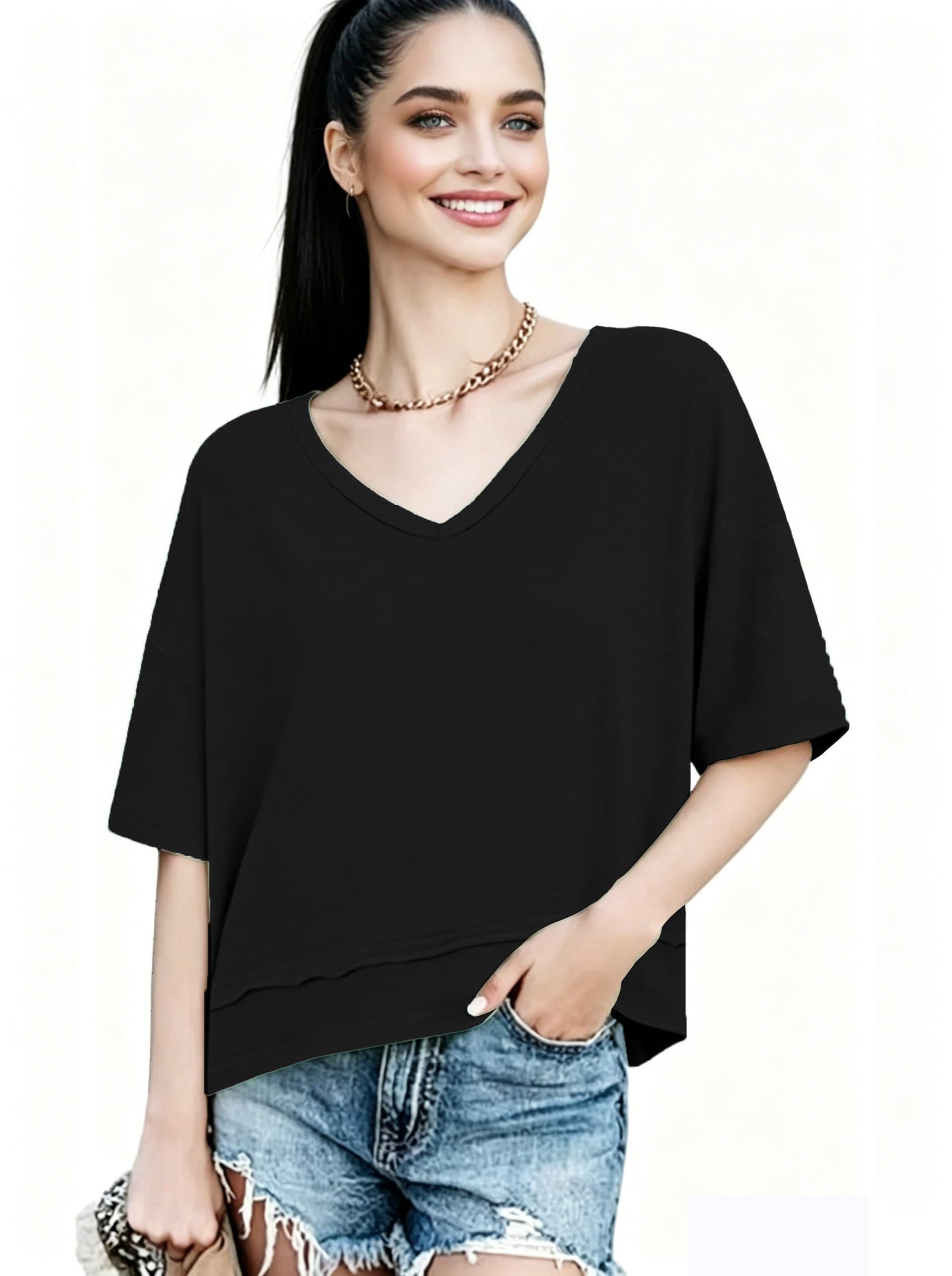 Women's Summer V Neck T Shirts | Casual Short Sleeve Flowy Tops | Cute Loose Fit Basic Tees | Premium Blend Fabric | Flattering V-Neckline