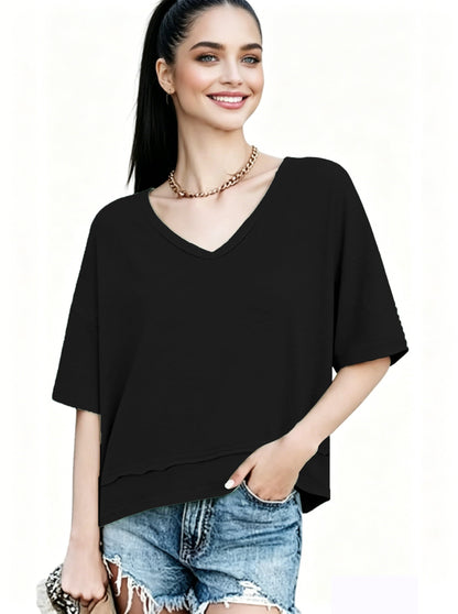 Women's Summer V Neck T Shirts | Casual Short Sleeve Flowy Tops | Cute Loose Fit Basic Tees | Premium Blend Fabric | Flattering V-Neckline