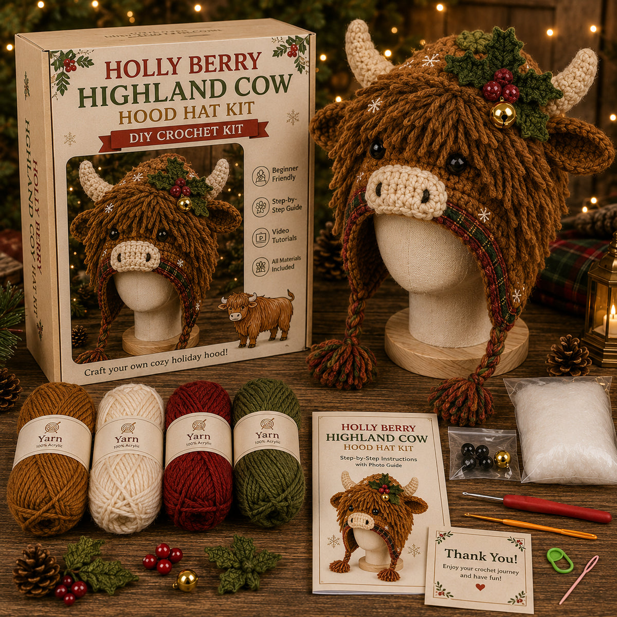 Christmas Highland Cow Hood Hat DIY Crochet Kit™