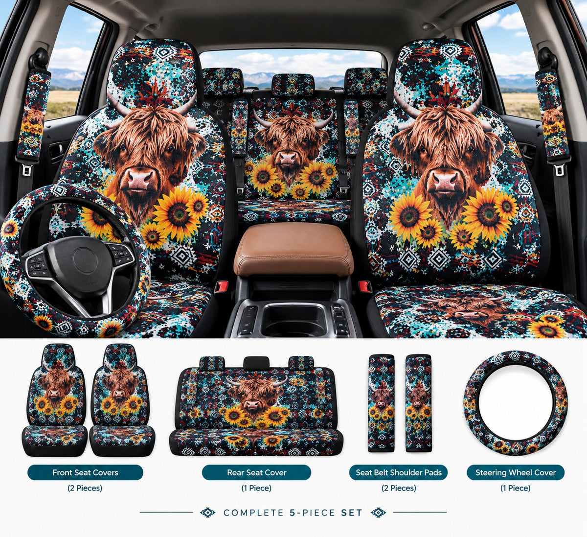 🐂 Highland Cow Western Car Seat Covers