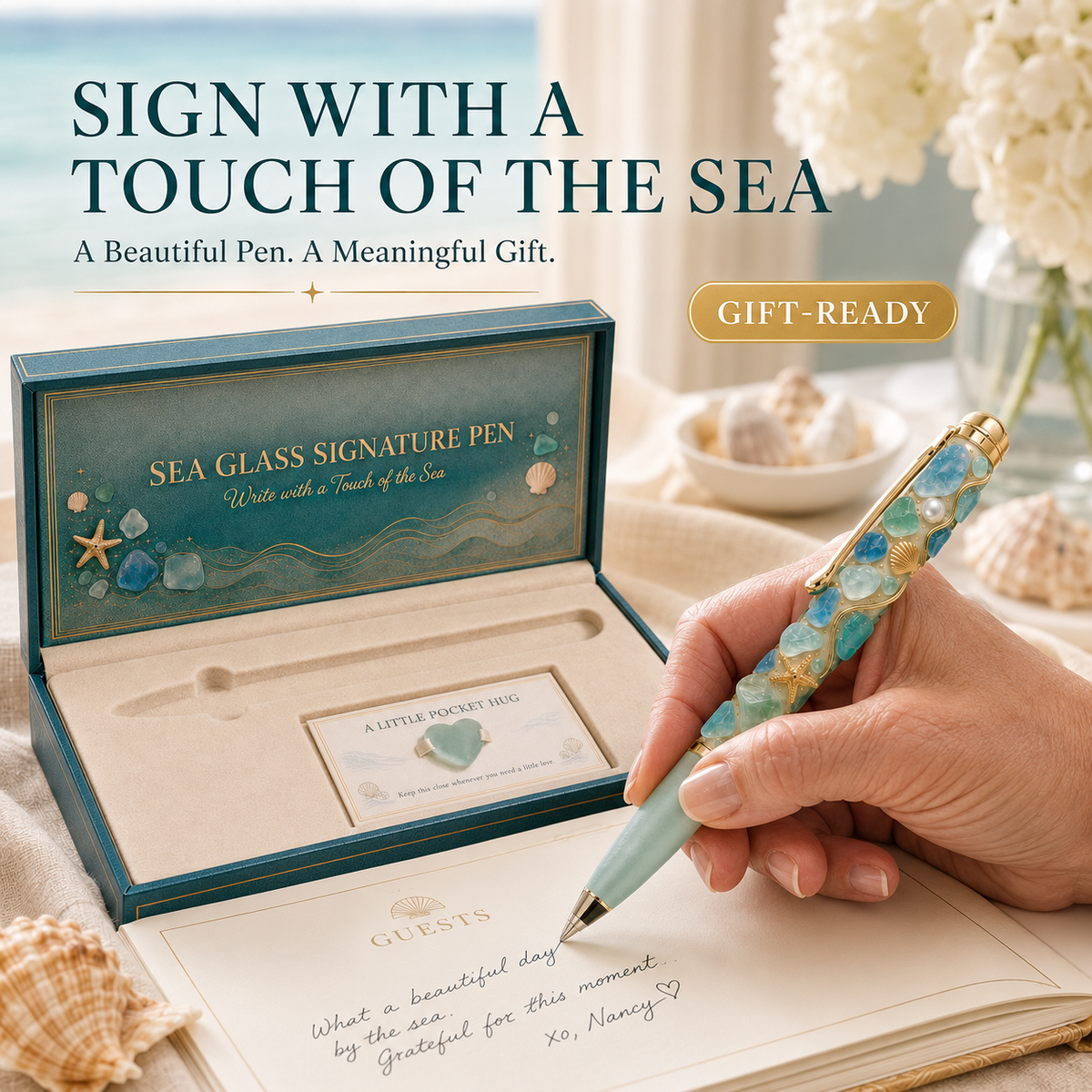 🎁 Sea Glass Signature Pen Gift Set with Pocket Hug