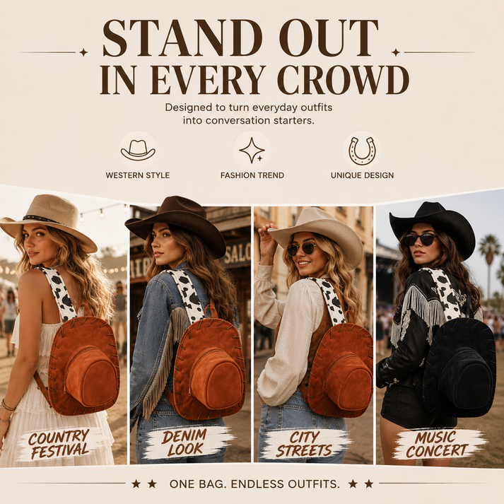 🔥Last Day 50% OFF - 🐎🤠 Western Cowboy Hat Shaped Backpack Cow Print Straps Mini Leather Purse 🎒