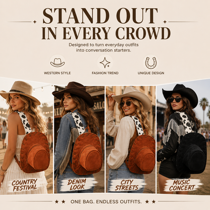 🔥Last Day 50% OFF - 🐎🤠 Western Cowboy Hat Shaped Backpack Cow Print Straps Mini Leather Purse 🎒
