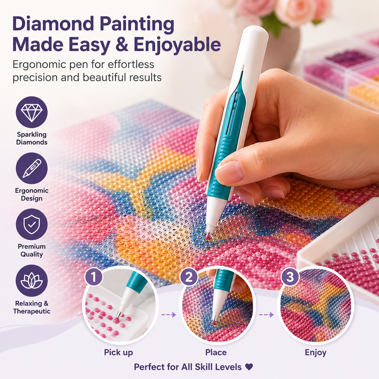 🔥 Last Day 50% OFF – 💎 Automatic Diamond Painting Bead Dispenser Pen & Tray Set
