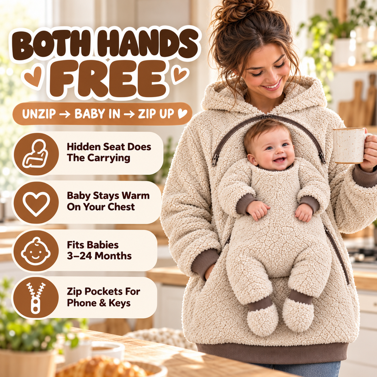 🧸 Sherpa Babywearing Hoodie – Cozy Hands-Free Snuggle Jacket with Built-In Support Seat, Warm Baby