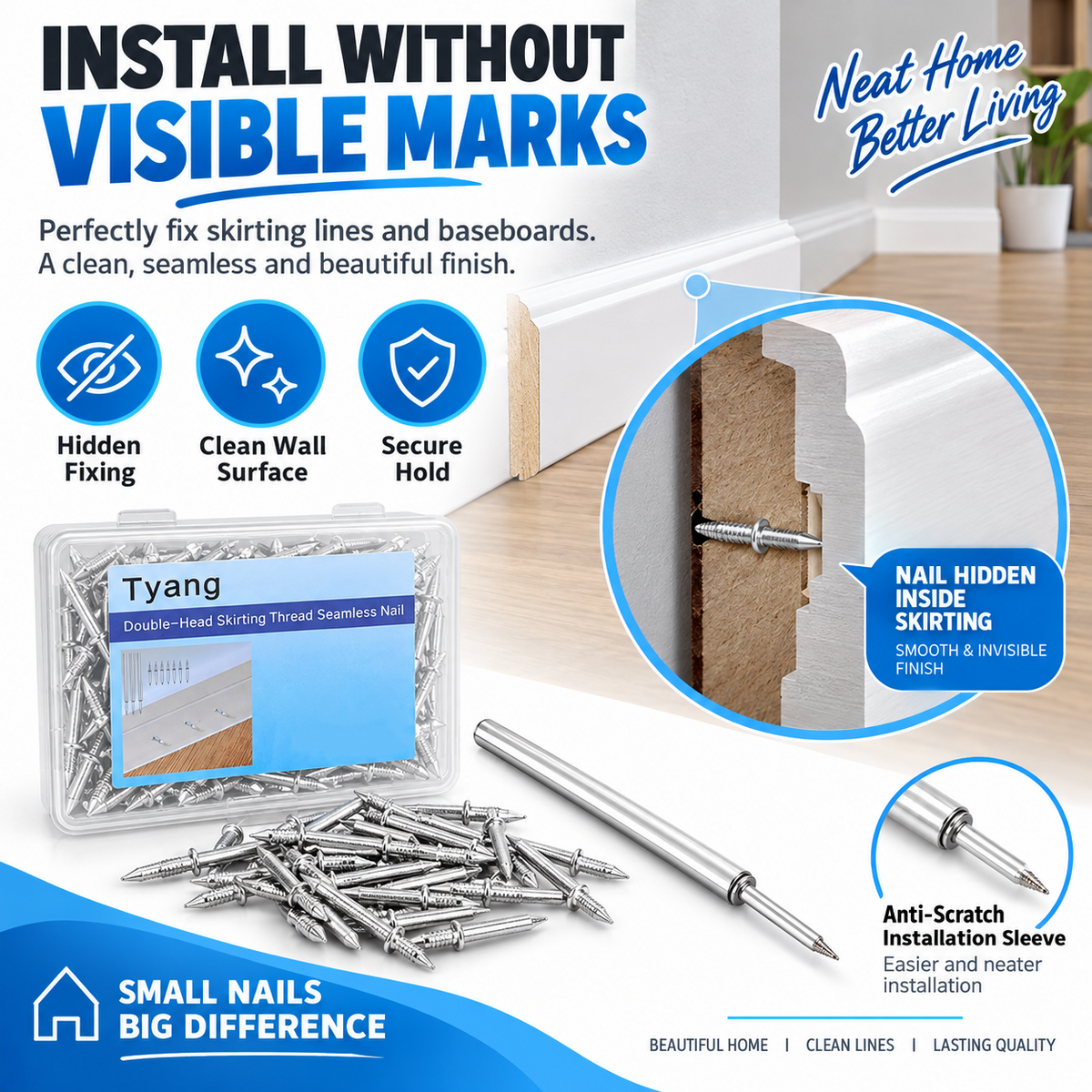 ✨Double-Head Skirting Thread Seamless Nail, Skirting Line Without Marks Nail, Invisible Security Screws Equipped with Nail Specific Sleeve Tool