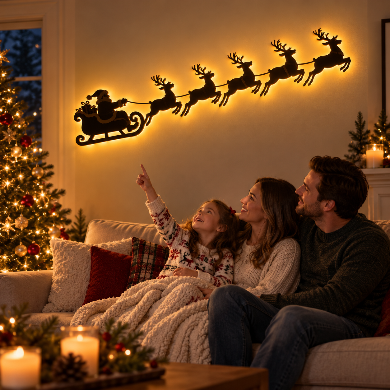 🦌 Santa Sleigh & 6 Reindeer LED Wall Display – Warm Christmas Glow
