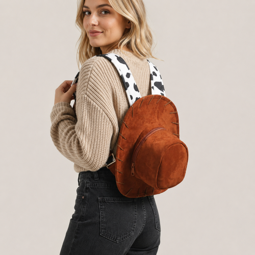🔥Last Day 50% OFF - 🐎🤠 Western Cowboy Hat Shaped Backpack Cow Print Straps Mini Leather Purse 🎒
