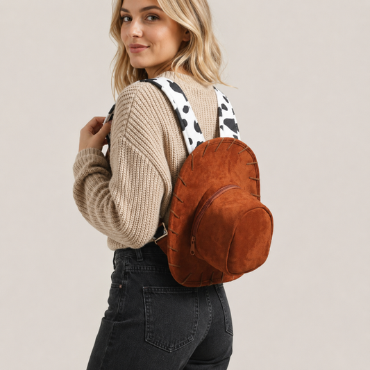 🔥Last Day 50% OFF - 🐎🤠 Western Cowboy Hat Shaped Backpack Cow Print Straps Mini Leather Purse 🎒